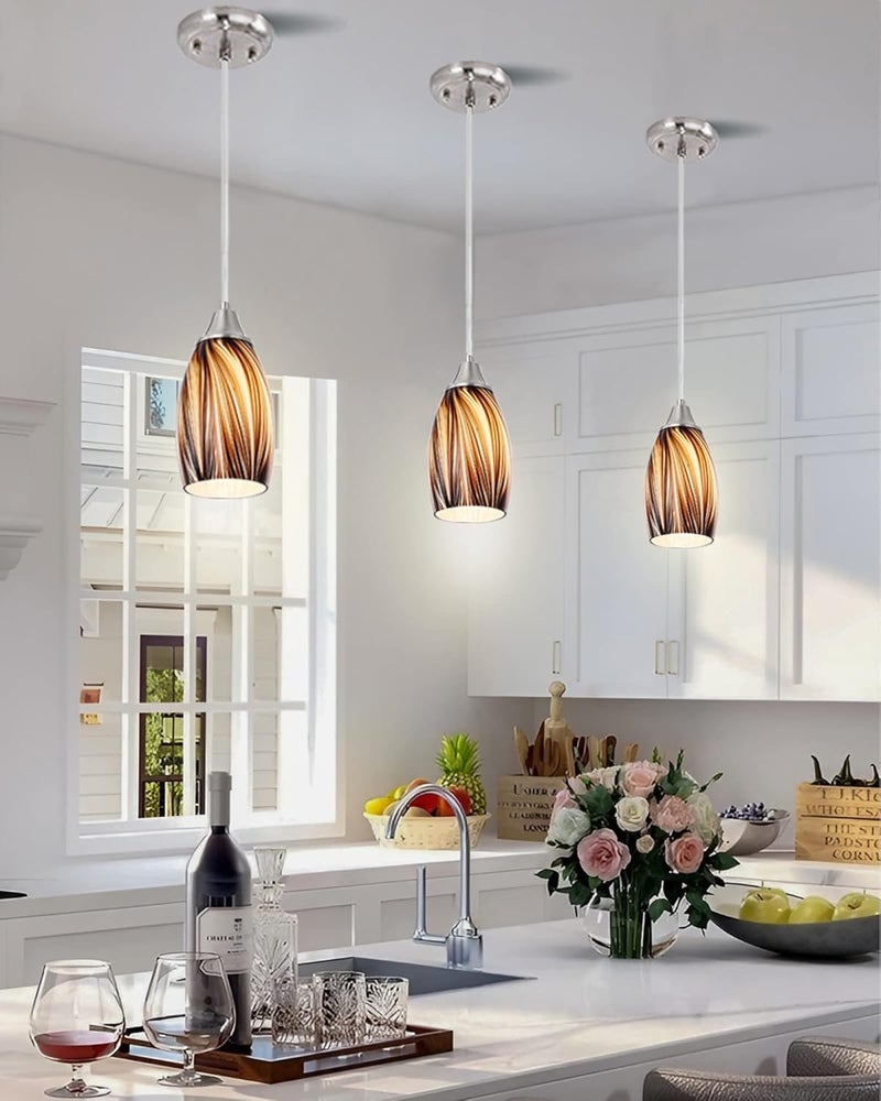 karyfine Mini Pendant Lights Kitchen Island,Blown Art Glass Pendant Light Fixtures with Brush Nickel Finish Coffee Brown Hanging Lamp Shade for Kitchen Over Sink,Hallway,Bathroom Dining Room - Image 5